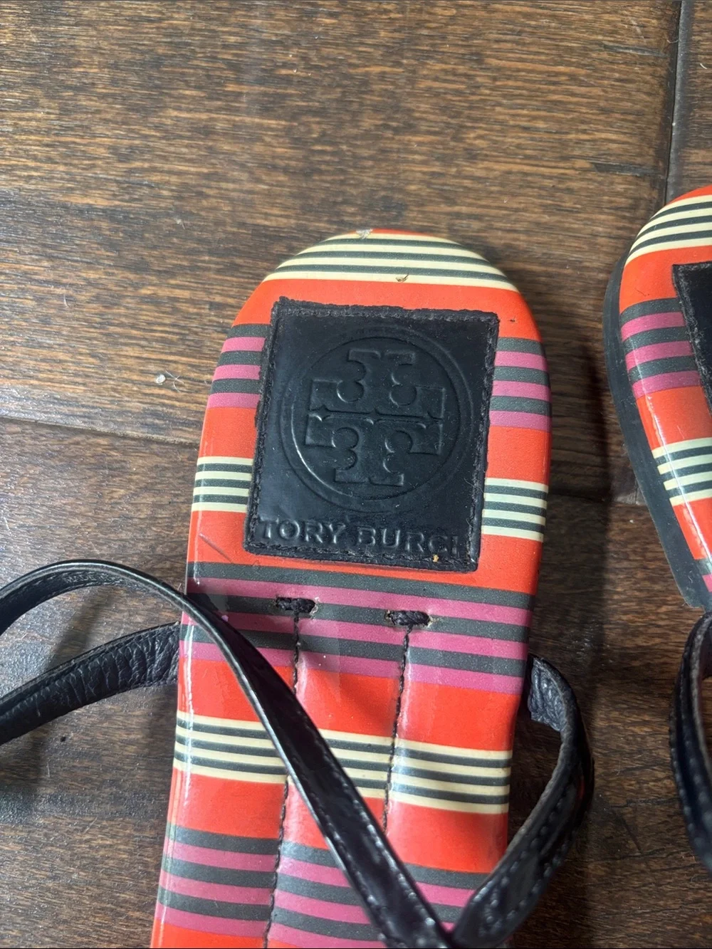 Tory Burch Red/Cotral Plaid Sandals with navy Straps and gold Logo Charm